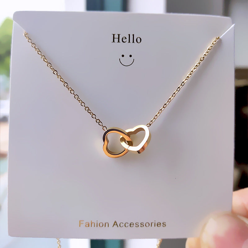 Women’s Double Ring Heart Pendant Necklace – Simple Fashion Clavicle Chain Jewelry