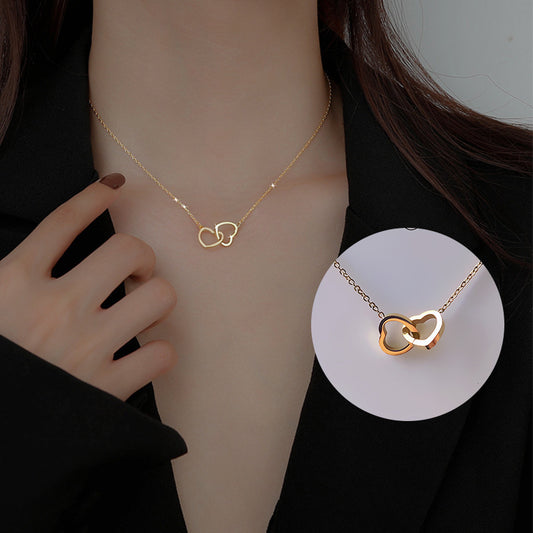 Women’s Double Ring Heart Pendant Necklace – Simple Fashion Clavicle Chain Jewelry
