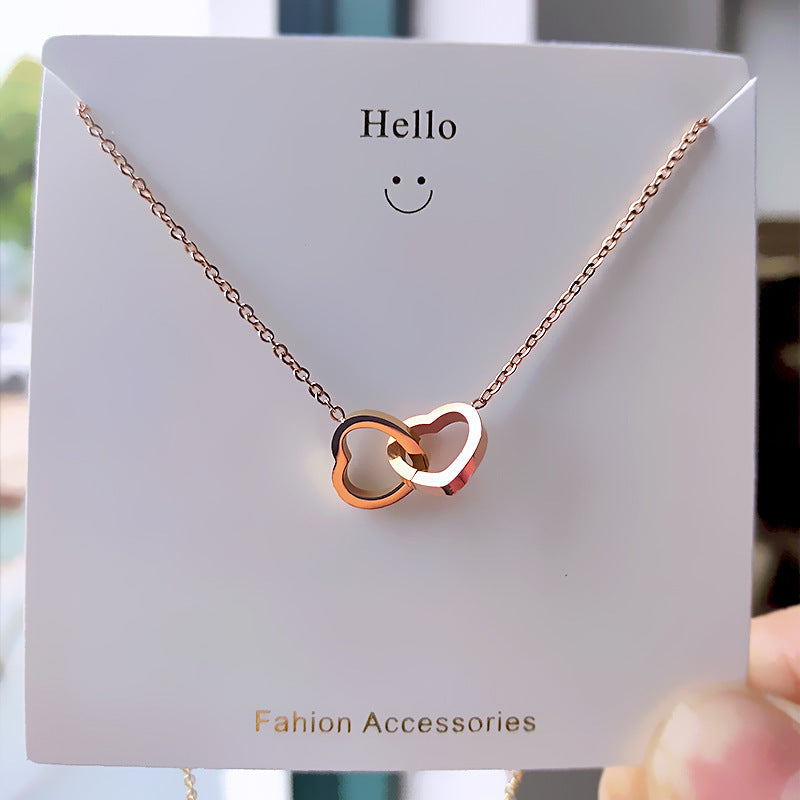 Women’s Double Ring Heart Pendant Necklace – Simple Fashion Clavicle Chain Jewelry